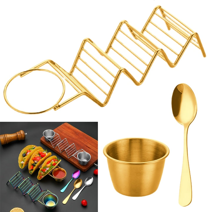 Taco Holder Set with Spoon and Sauce Dish, 3 Compartments, U-shaped, Stable, Space-saving Design, 23.8*6 cm, 201 Stainless Steel, Gold Color