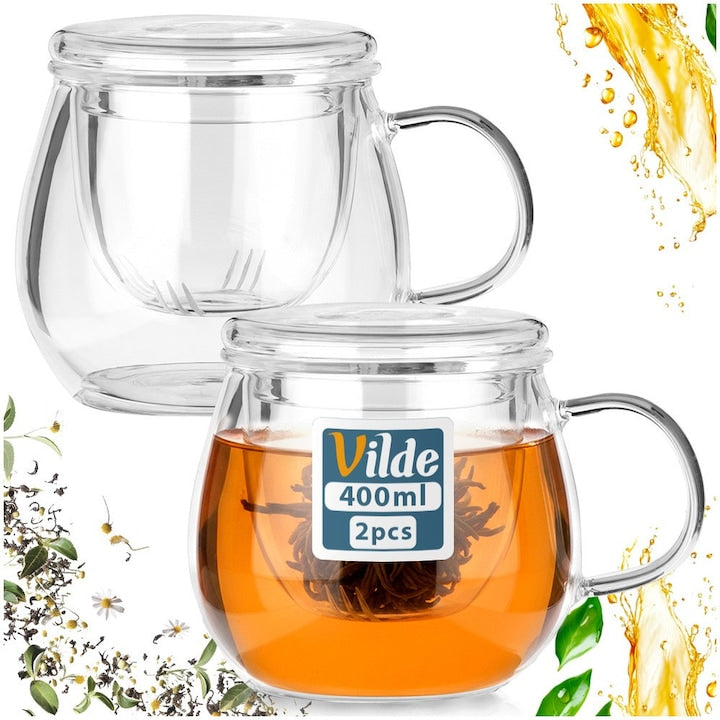 Set of 2 Mugs with Infuser and Lid, Vilde Classic, 400 ml Capacity, Transparent, Borosilicate Glass, Heat-Resistant, for Tea and Herbs, Glass Mug with Detachable Filter