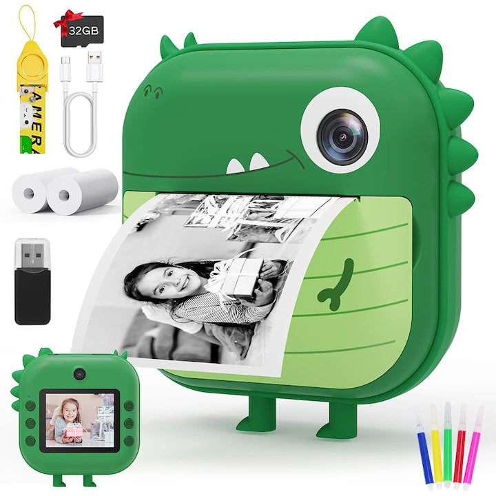 Set de Camera Digitala pentru Copii  cu Functie de Printare Instantanee  Camere Duale Fata si Spate  1080p  Card de 32g  2  4 inch  Include Diverse Accesorii  Tema cu Dinozauri verde
