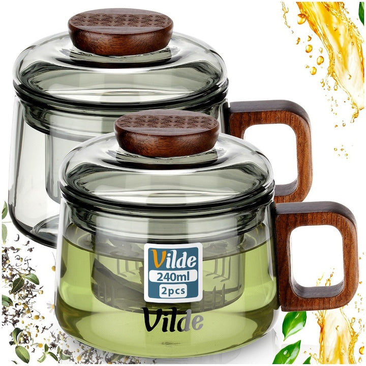Set 2 Cani Cu Infuzor  Vilde  Standard  Capacitate 240 ml  Transparent Negru Si Lemn Natur  Sticla Borosilicata Si Lemn  Termorezistent  Cana Din Sticla Pentru Ceai  Cafea Si Infuzii