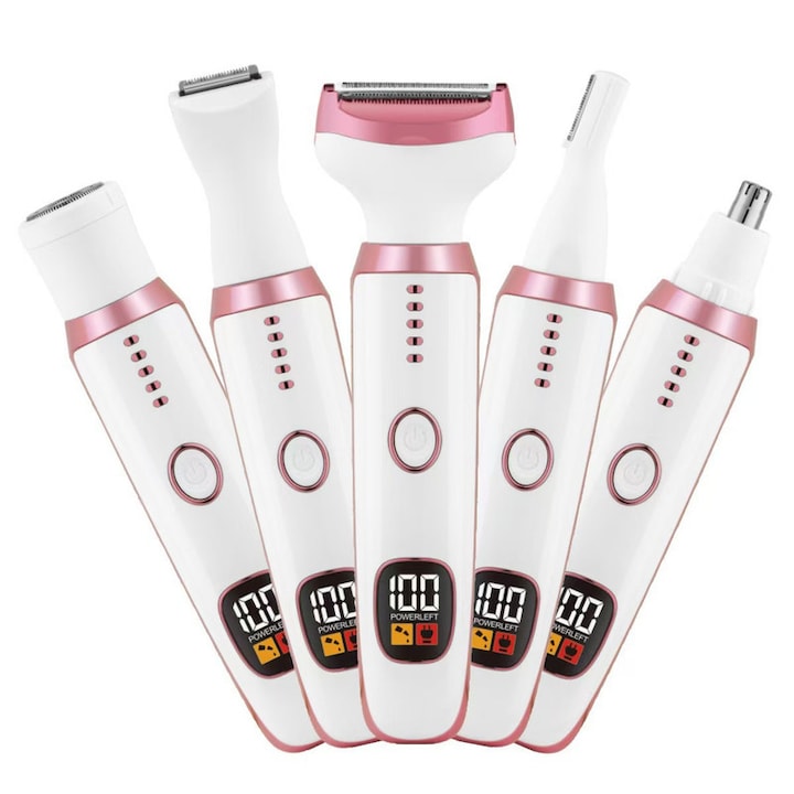 5-in-1 Electric Epilator for Women, Waterproof, 5 Inter changeable Heads for Face, Arms, Legs, Private Area, Shaving, Pubic Shaving, Rechargeable Epilator, Digital Display