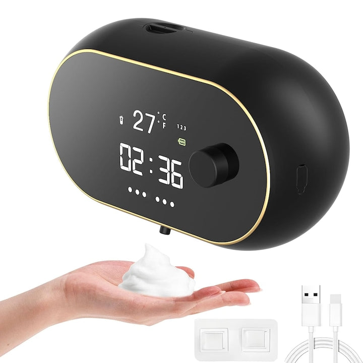 Dozator Automat Sapun Lichid cu Spuma  JFYU  3 Volume Ajustabile  Capacitate 450ml  Impermeabil IPX5  Acumulator 2000mAh  Afisaj Temperatura  Ora  Prindere de Perete  Senzor de Miscare  Fara Atingere  Pentru Baie  Bucatarie  Hotel  Spital  Mall  Negru