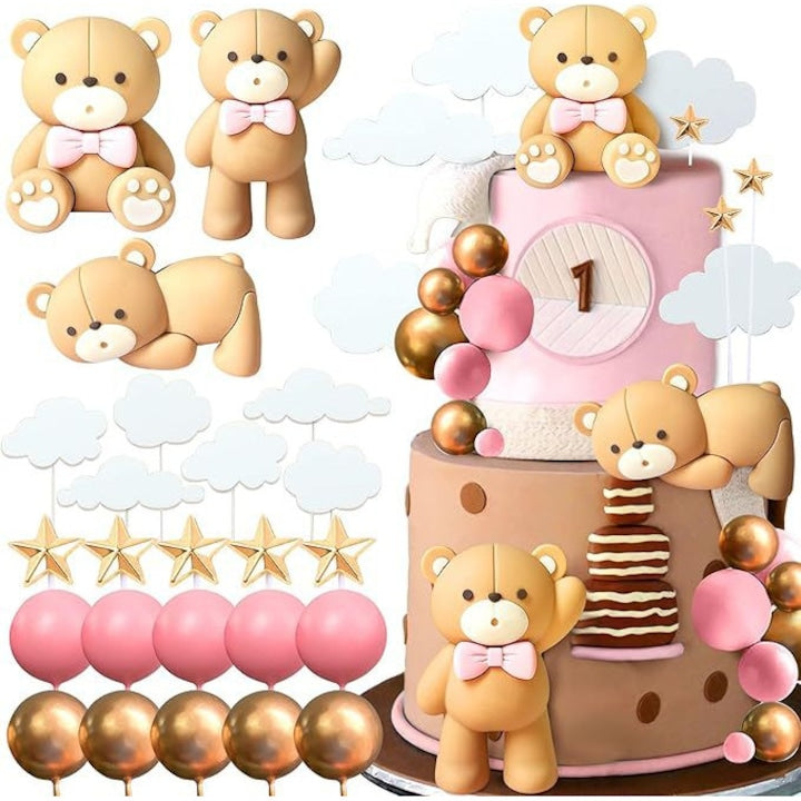 ZOUN Teddy Bear cake topper set, bear and balloon toppers, food-grade plastic stick, eco-friendly PVC, Pink