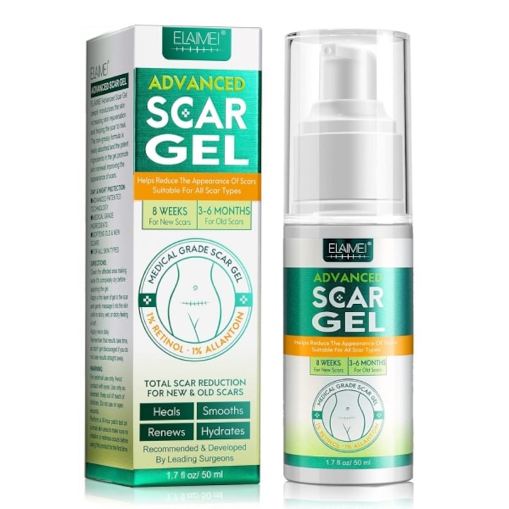 Gel pentru cicatrici  Crema pentru indepartarea cicatricilor  Tratament pentru cicatrici chirurgicale  acnee  arsuri  cezariana  cheloide  abdominoplastie; produs pentru indepartarea cicatricilor vechi sau recente; pentru copii  barbati si femei; 50 ml