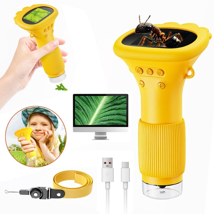 Microscop Portabil pentru Copii CHOOLY Galben 1000X cu Ecran de 2"  8 Lumini LED