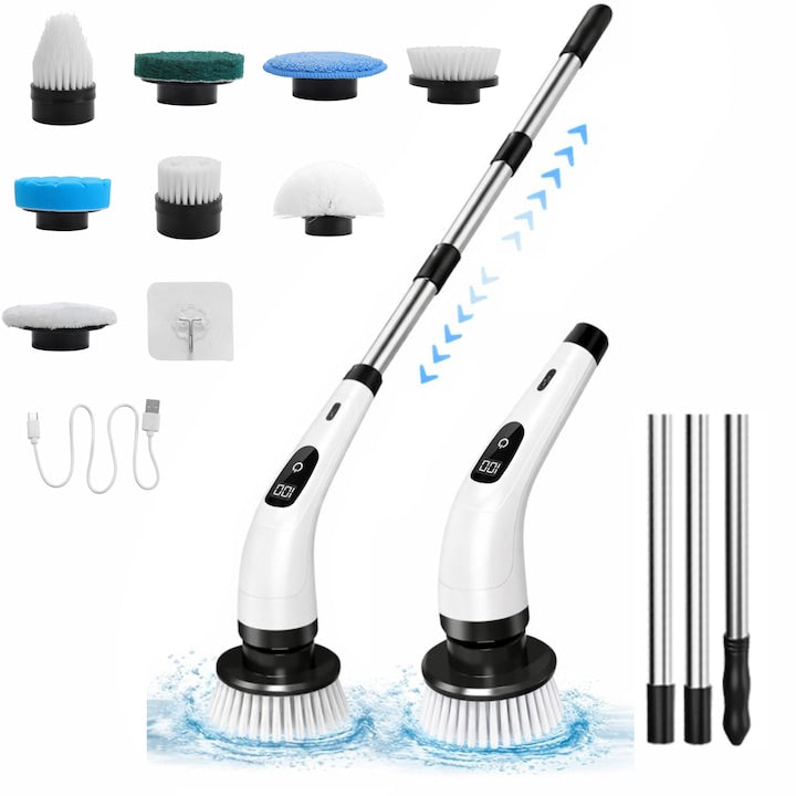 Perie Electrica Rotativa Profesionala pentru Curatare  Rimenss  Fara Fir  8 Capete  2 Trepte Viteza  Autonomie pana la 90 minute  Incarcare USB-C  Afisaj Digital  Maner Extensibil  pentru Baie  Bucatarie  Pardoseala  Faianta  Geamuri  Masina  Alb