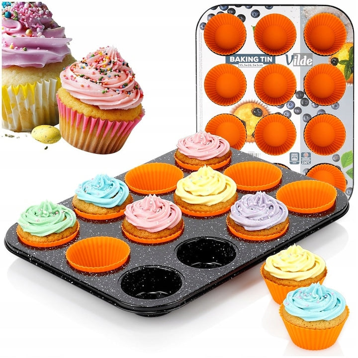 Set Tava Pentru Briose Cu Forme  Vilde  35.5x26.5x3 cm  Fabricata Din Otel Carbon  Pentru 12 Briose  Strat Antiaderent  Rezistenta La Temperaturi Ridicate  Forme Din Silicon De Culoare Portocalie  Granit