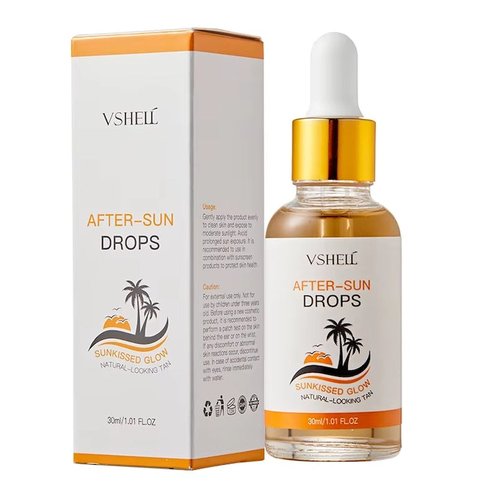 VSHELL After-Sun Drops – Ser autobronzant cu Vitamina E  Unt de Shea si Acid Hialuronic  Bronz Natural si Hidratare  30ml