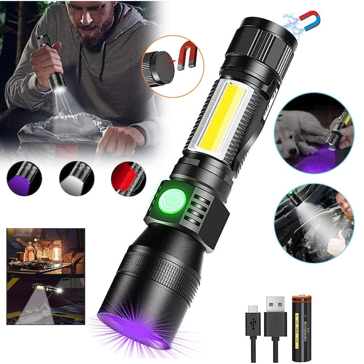 Rechargeable UV Flashlight for Scorpion Detection [White, Red, and UV] Super Bright LED Flashlight, Waterproof, with 7 Modes for Pet Detection, Food Inspection, Camping/Fishing
