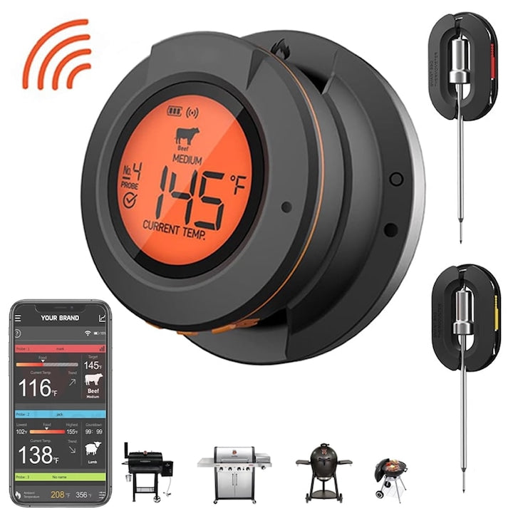 Termometru Carne Bluetooth Inteligent  WALALLA  2 Sonde  Wireless pentru BBQ si Fumator  Raza 150FT  Alerta in Aplicatie  Ecran LCD  Rezistent la Apa IP54  Sonda Otel 304  pentru Gratar si Fumat  Cadou