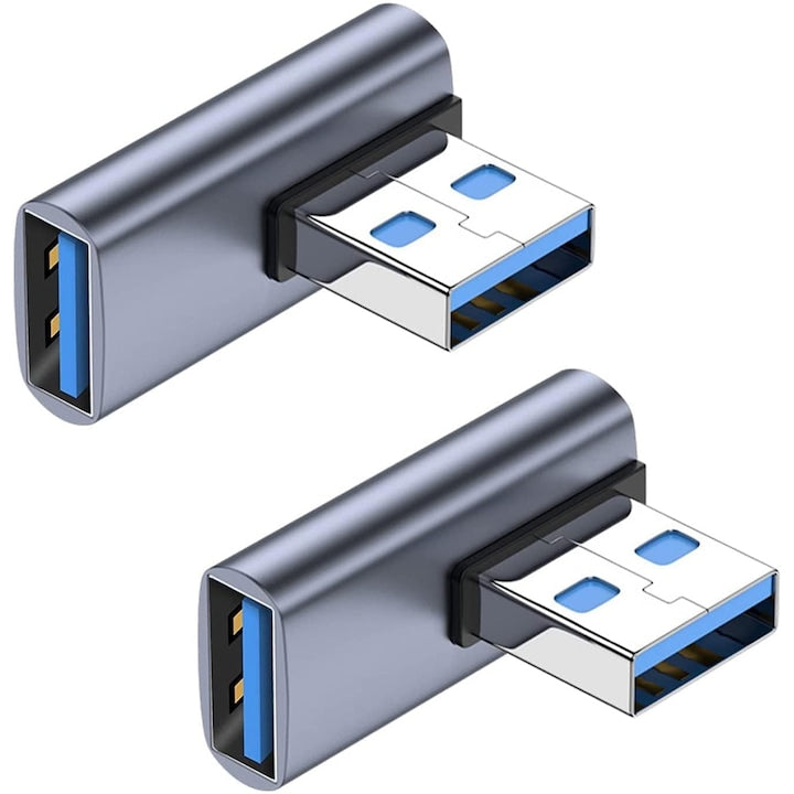 Set of 2 90-Degree USB 3.0 Male to USB Female Extension Adapters - Black