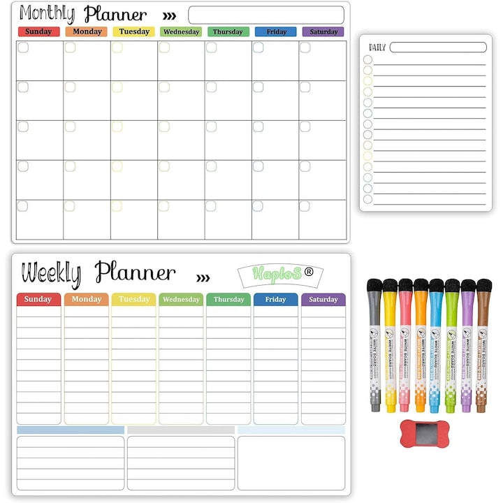 Set of 3 Magnetic Refrigerator Planners, Daily, Weekly, and Monthly Boards, 8 Markers and Sponge Eraser, Size 42x30 cm, With Strong Magnets, Easy to Clean, White