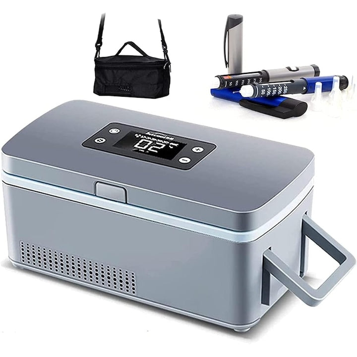 Insulin container, WALALLA, LED temperature display, battery alarm, with storage bag, noise reduction and silent, suitable for insulin, medicines, keeps cool 2-18°C, portable, grey