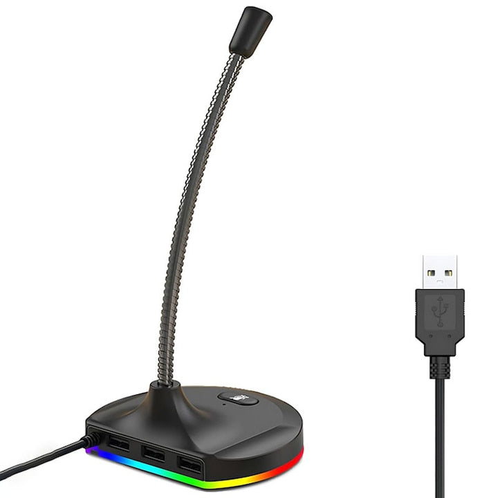 Microfon Gaming  Omelivon  Iluminare RGB  Hub 3 x USB 2.0  Conexiune USB  Nregistrari  Live  Compatibil Windows  MacOS  Consola Gamiing  Reducere Zgomot  Pentru Gaming  Youtube  Tiktok  Cardioid  Compatibill Universal  26.5x8.5x10 cm  Negru