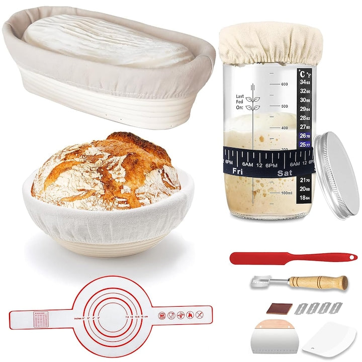 Cos de Fermentare Paine  Quietzi  Set de 8 Piese  Rotund  cu Husa din Bumbac Detasabila  Indicator Temperatura  Capac Aluminiu  Lavabile  Durabil  pentru Servire Sau Dospire  Bej