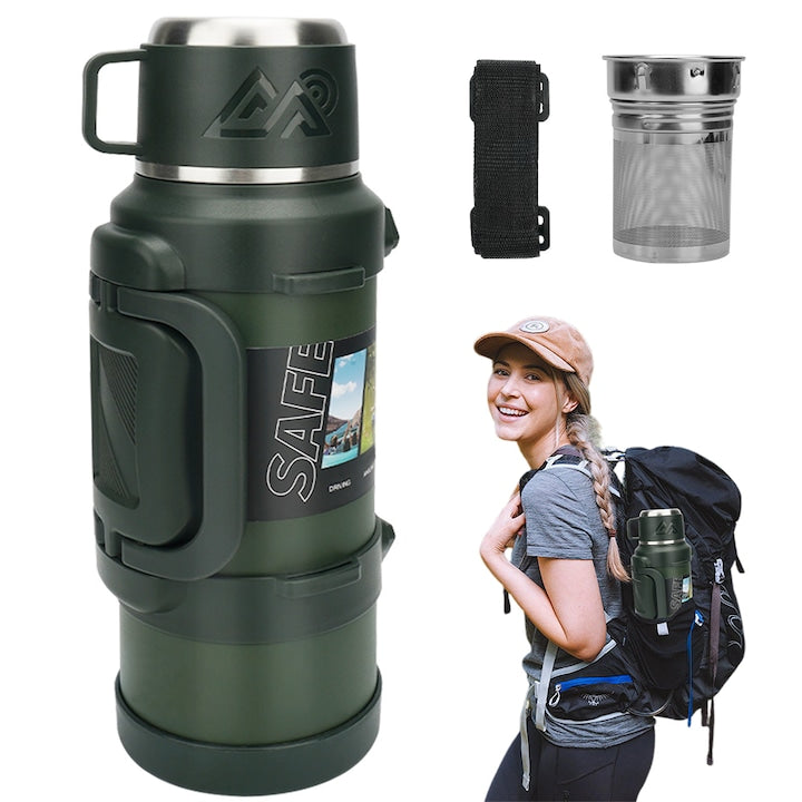 Termos turistic  Juksun  Termos Hausberg  2000ml  separator de ceai  cupa cu maner  inel de etansare silicon  Design Ergonomic  Sistem Antiscurgere  Ideala Pentru Birou  Drumetii Sau Calatorii  34*13*13cm  verde