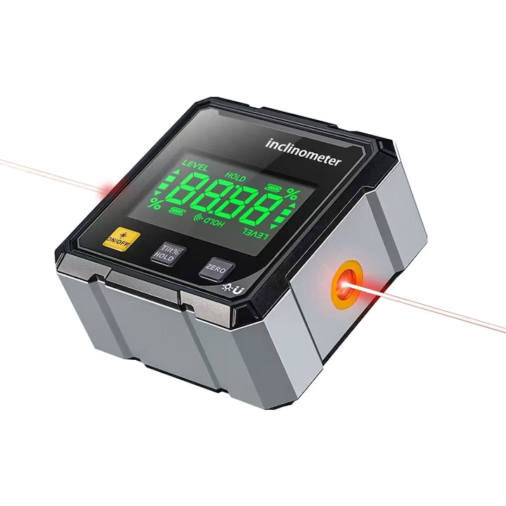 ZOUN Digital Inclinometer, 4-sided Magnetic Attachment, Dual Laser, Angle/Tilt Measurement, Data Hold Function, USB Charging, Dual Measurement Modes, ±0.1°, 360°, Gray