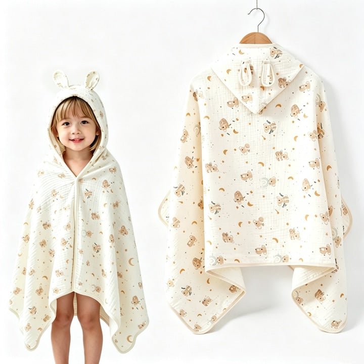 Hooded Baby Bath Towel, 6-Layer Muslin, 100% Organic Cotton, Soft and Absorbent, 70x140 cm, 0-3 Years, Cute Koala Prints