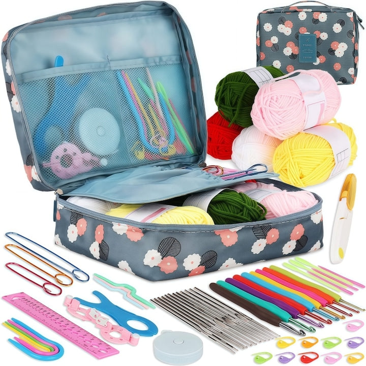 Set de crosetat  kit de tricotat cu fire de crosetat  crosete  Crosetat si bricolaj pentru incepatori si avansati  Cu geanta depozitare  Usor de transportat  Pentru calatorii  adulti  copii  Cadou pentru sotie  bunica si familie  Verde turcoaz
