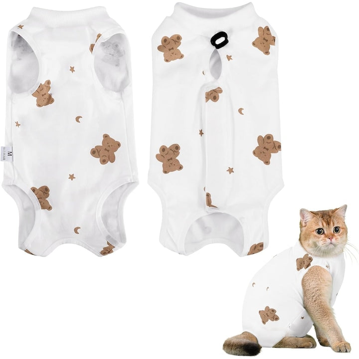 Post-Surgery Recovery Suit for Cats - Anti-Lick - Comfortable & Breathable Cotton - All Seasons - Size L - White