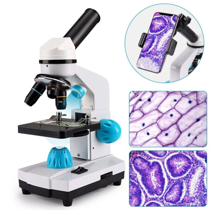 WALALLA Laboratory Microscope, Dual LED Illumination, 40-2000X, Triple Lens, Portable, White/Blue