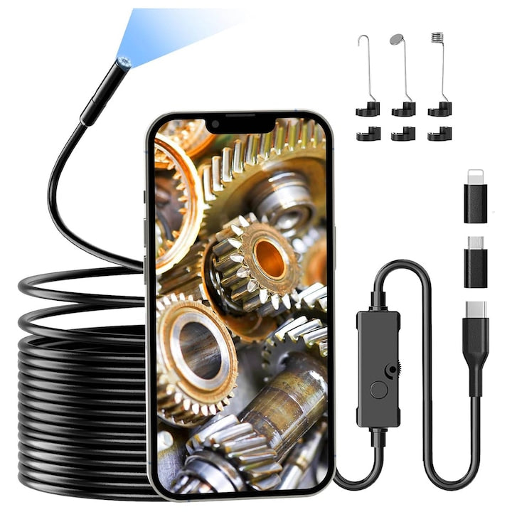 Camera endoscopica de inspectie 1920x1440P 2MP  cablu semirigid 5 m  8 LED reglabile  diametru 8 mm  IP67  6 capete incluse  pentru telefon Android/iOS  OUYLAF  Negru