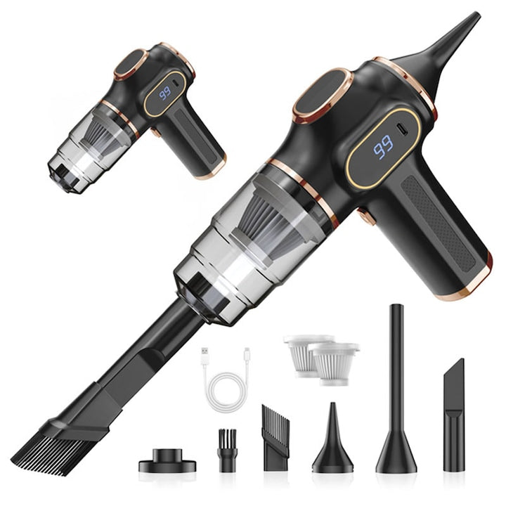 Aspirator Auto 2 in 1 Portabil  Omelivon  4500 Pa  120W  Acumulator 3000mAh  Autonomie 30min  cu Display LCD  Motor Brushless  Aspirare  Suflare  Vacuum  3 Filtre HEPA Reutilizabile Incluse  Pentru Masina si Casa  Incarcare USB  Negru-Auriu