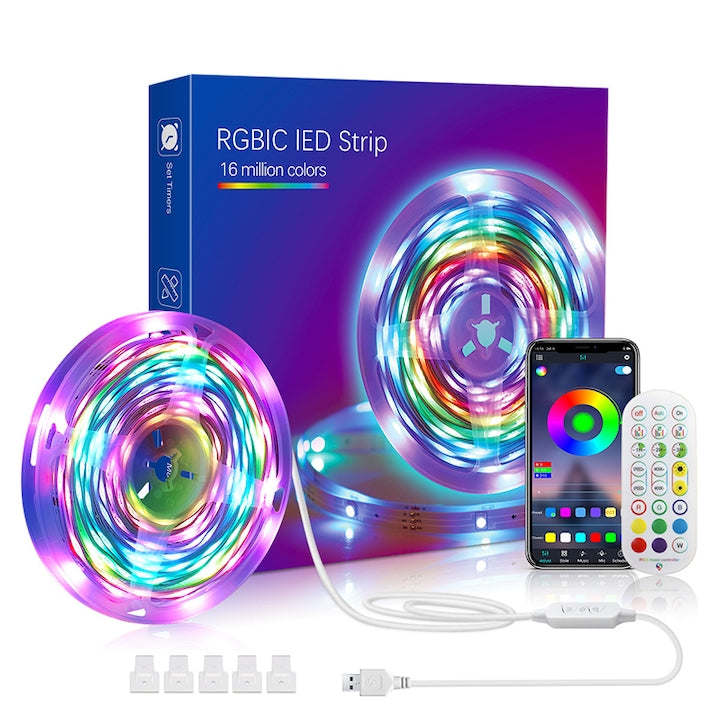 Kit Banda LED  Duueyct  RGBIC  10m  control aplicatie  telecomanda  lumina Multicolora  Music Sync  control vocal  Led Strip  lumina colorata