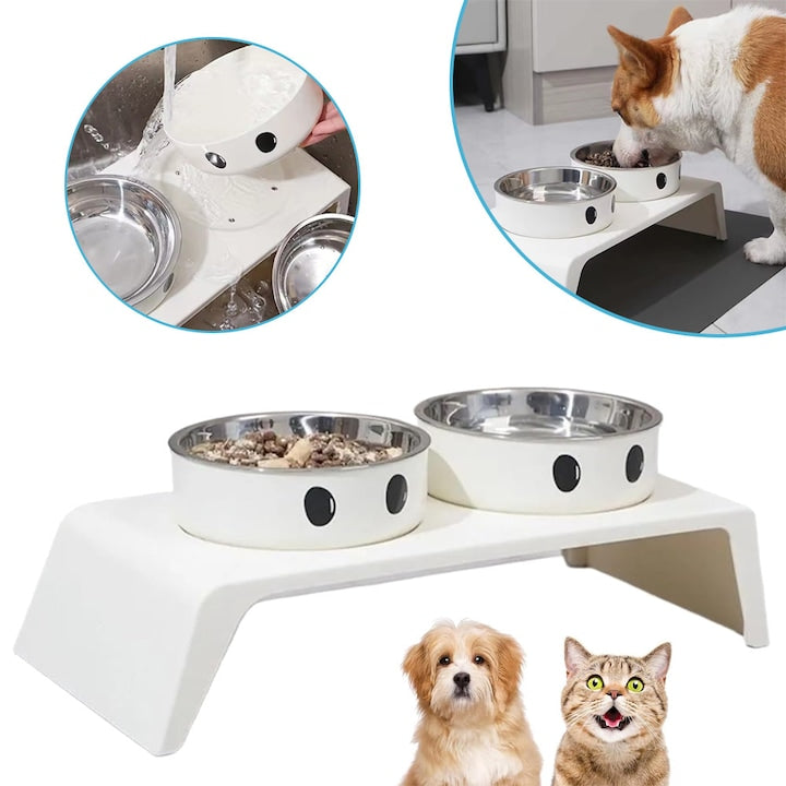 Bowls for Dogs and Cats Non-Slip Cat Bowls with 2 Stainless Steel Bowls Dog Feeder Double Bowls with Stand Food and Water Feeder 38 cm x 18 cm x 8.5 cm