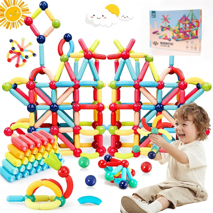 Set 130 jucarii magnetice pentru constructie magnetic Sticks 3D  Wacorresi  Set de Constructii pentru copii magnetic Sticks cu 130 blocuri magnetice  4ani+  Numeroase Posibilitati de Construit  STEM  Educativ si Creativ  Magneti Puternici  multicolor
