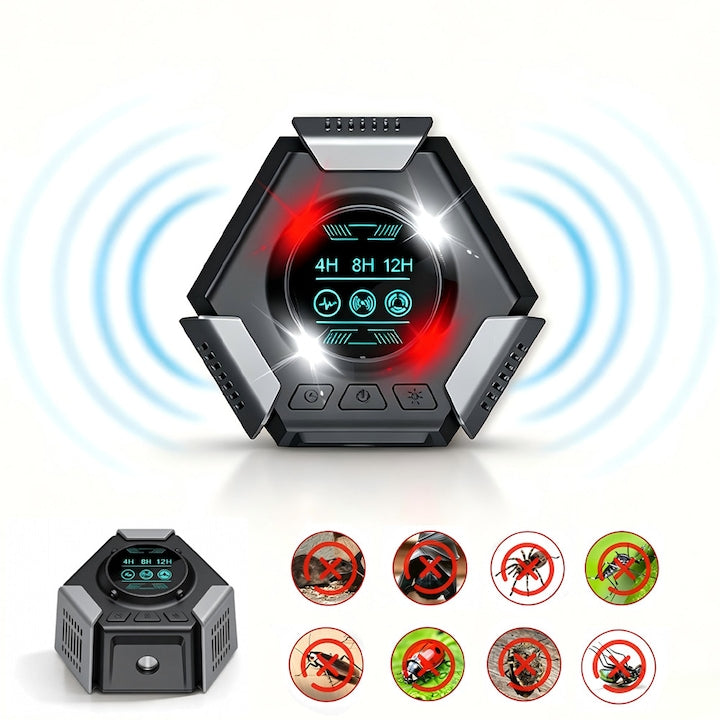 Aparat Ultrasunete Anti-Daunatori Si Anti-Soareci 3 Moduri Ultrasunete + Timer Inteligent + Lumina Stroboscopica Independenta  Ecran Digital  Acoperire 120 m²  Anti Soareci Sobolani Rozatoare Insecte  Silentios  Negru