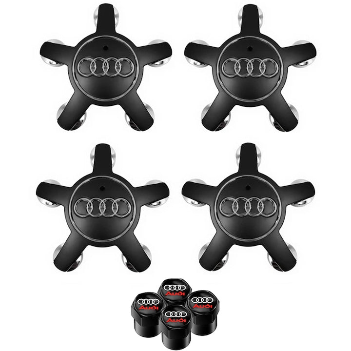 Set Capace roti tip paianjen  Rqiurpn  Compatibile Audi  Set 8 piese  Capace de supapa din metal  Exagonal  Spider/ gheare 135mm  Plastic  Negru