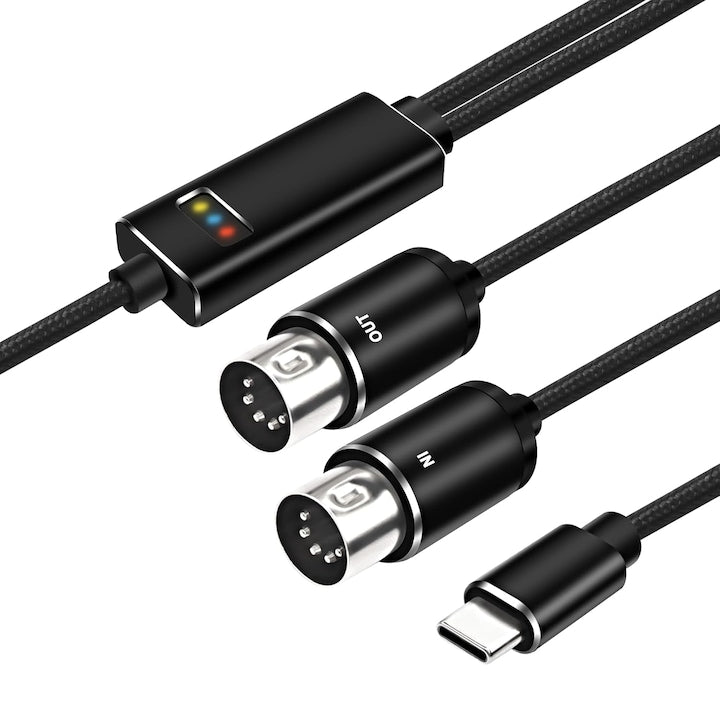USB-C to MIDI IN-OUT Adapter Cable, compatible with 5-pin musical keyboards, suitable for PC/laptops, music editing cable, compatible with organs, drums, mixers, guitars, musical keyboards, with LED indicator