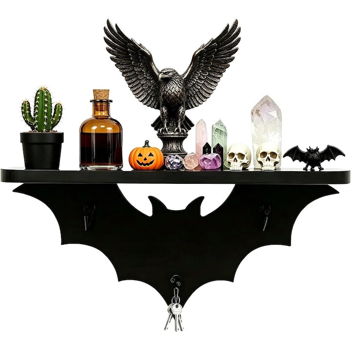 Rafturi de Perete Suspendate  Swejah 5kg 40*14*18cm  Polita de Perete  MDF  cu 3 Carlige  Forma de Liliac  Decoratiuni Halloween  Gotic  Usor de Instalat  pentru Baie  Dormitor  Hol  Bucatarie sau Living  Negru