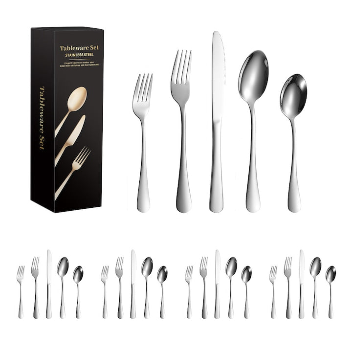 Set Tacamuri Inox 20 Piese Argintiu – Design Modern Minimalist  pentru 4 Persoane  Cutite  Furculite si Linguri