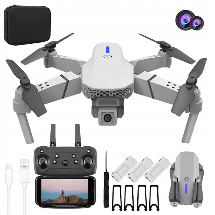 Mini drona cu 2 camere  quadcopter telecomandat pliabil  inregistrare video 4K  WiFi  incarcare USB  geanta de transport  lansare cu un singur buton  rotatie 360°  raza de actiune 100m  3 baterii 1800mAh  husa de depozitare  gri