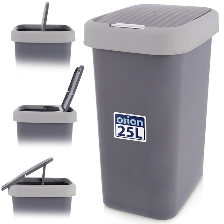 Cos De Gunoi Cu Capac Batant  Orion  Clasic Cu Clapeta Oscilanta Blocabila  25 L / 33x25.5x45.5 cm  Gri  Plastic Rezistent Si Usor  Deschidere Practica In Doua Directii  Capacitate Mare Ideala Pentru Bucatarie Sau Birou  Izoleaza Mirosurile  De Lux