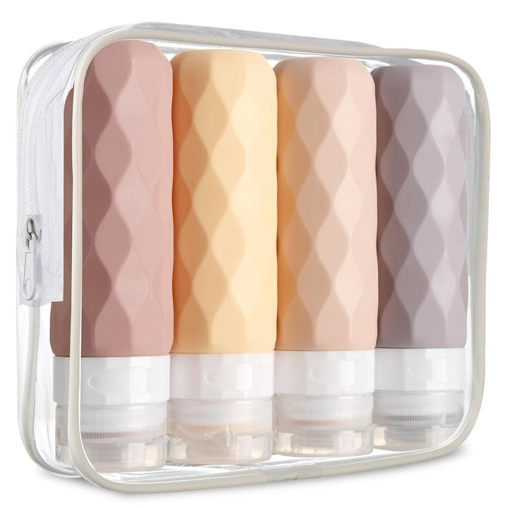 Set 4 Sticle de Voiaj din Silicon Flacoane Reutilizabile pentru Lichide  cu Punga Depozitare  Ecologice si Portabile  pentru Sampon  Gel de Dus  Lotiune  Multicolor