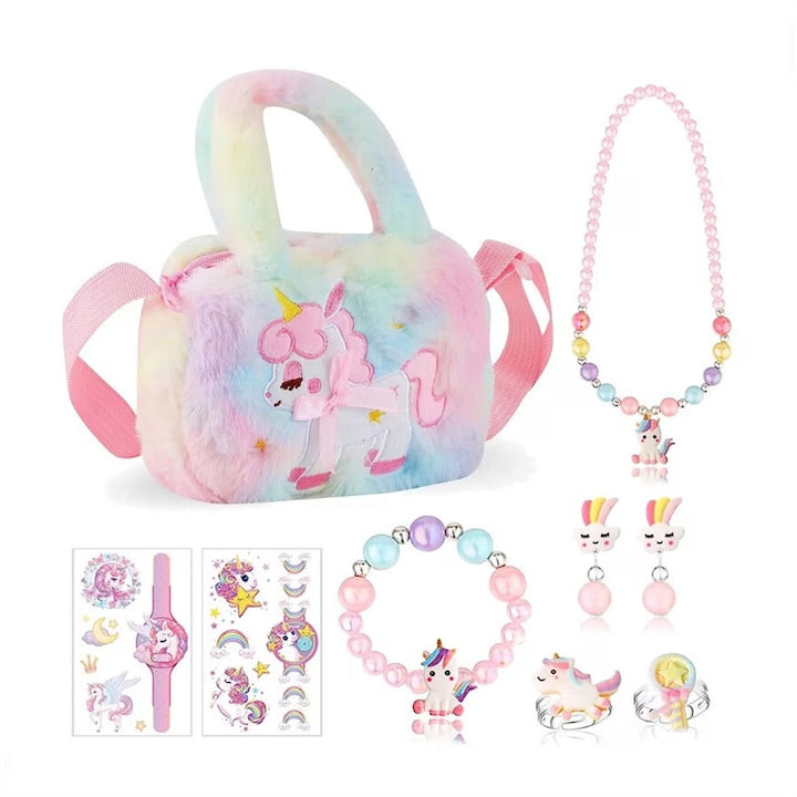 Set de bijuterii si geanta pentru fete cu unicorn  AjieQaQ  colier  bratara  cercei  2 inele  autocolante  design unic  culori vii  design unic  9 piese  Craciun  Halloween  Ziua de nastere  roz  pentru fete de 3-8 ani