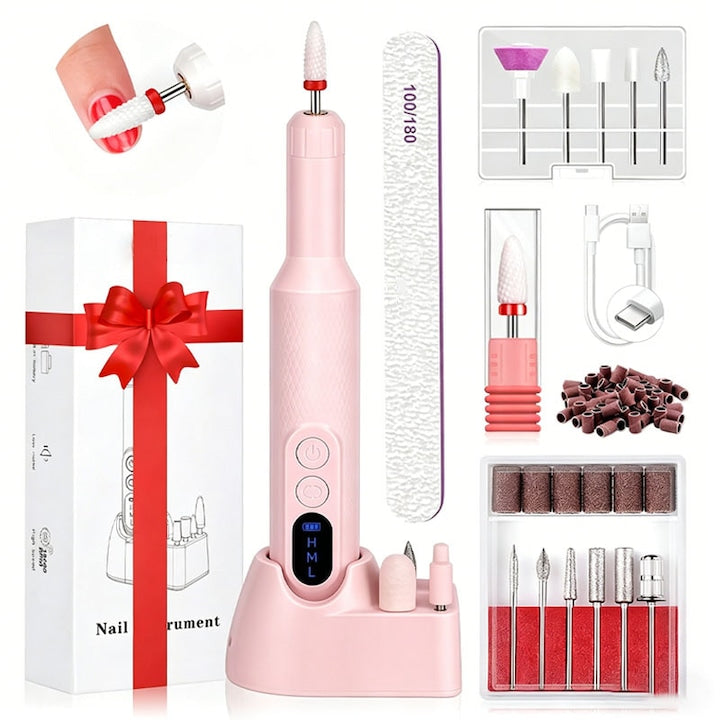 Freza Unghii Electrica  Rqiurpn  Incarcare Wireless in Dock  Baterie Reincarcabila  Set Complet Ingrijire pentru Manichiura si Pedichiura Profesionala  Cuticule sau Calcaie  18000 RPM  12 Capete Detasabile  36 Benzi Abrazive  Pila Unghii  Portabila  Roz