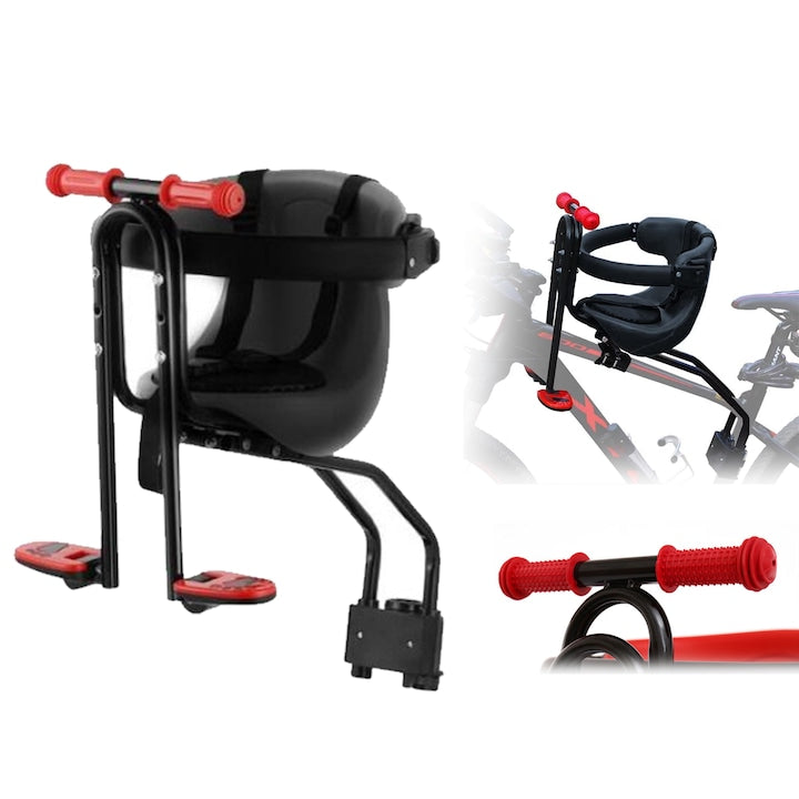 Child bike seat JFYU Child bike seat with front top tube mounting with handlebar support with silicone grips and pedals Adjustable dimensions with safety belts Black