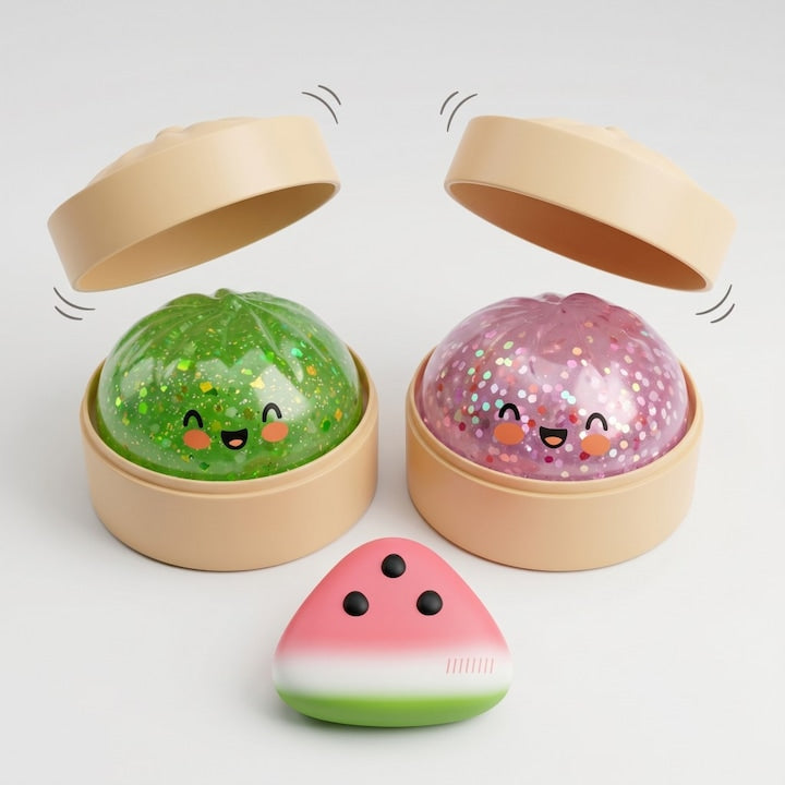 Set 3 Bucati Galuste Squishy  - Jucarie Senzoriala Antistres  cu Cosulet Bambus  Rebound Lent  Soft Squishy Watermelon Stress Relief Toy  roz  verde  Model cu sclipici
