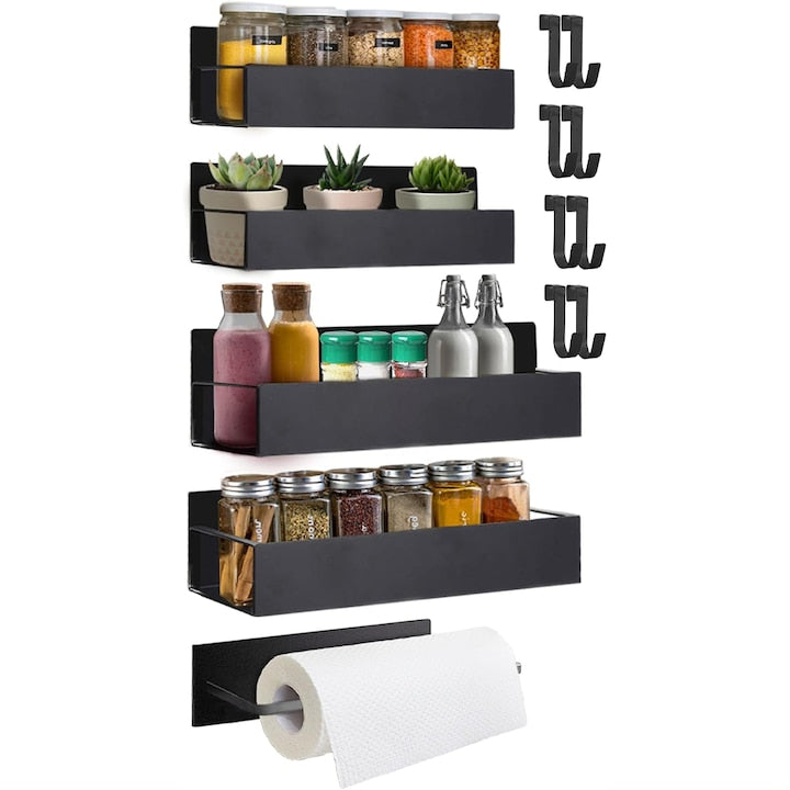 Set 5 Rafturi pentru Frigider  Organizator cu Magnet pentru Condimente  Bucatarie  Cuptor cu Microunde  Masina de Spalat  Negru