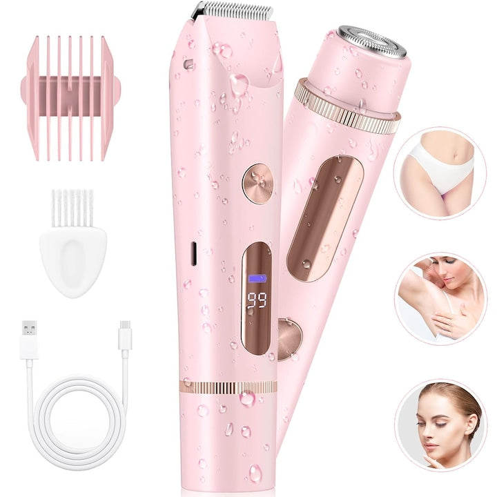 Women's Bikini Trimmer 2-in-1 Electric Shaver with Dual Heads Wet and Dry Use Rechargeable Cordless for Face Pubic Armpits and Legs IPX7 Waterproof