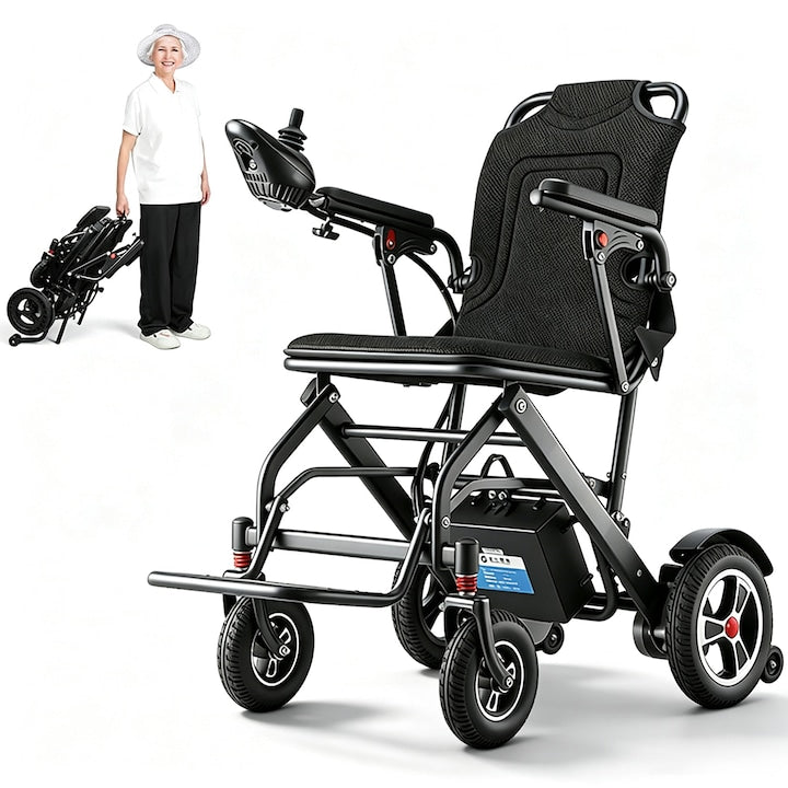 Scaun cu Rotile Electric  SANSES  Pliabil  Ultrausor  Capacitate de Incarcare 100kg  Latime Scaun 41 cm  pentru Persoane in Varsta si cu Dizabilitati  Negru