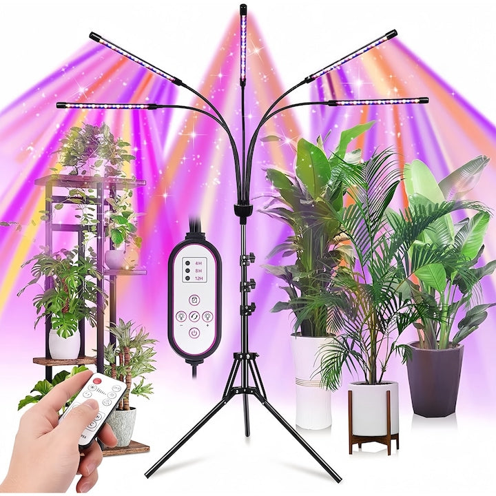 Lampa UV pentru cresterea plantelor la interior  Wacorresi  Lampa UV Full Spectrum pentru Cresterea Plantelor  cu 5 brate reglabile si suport de 1.6 m  Telecomanda inteligenta  sigura si de joasa tensiune  3 moduri de luminare  negru