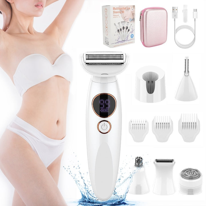 Epilator electric multifunctional 5 in 1  kit ingrijire femei  aparat de ras facial si corporal  epilare zona Intima  fara ciupire  afisaj LED  fara fir  rezistent la apa IPX7  usor de curatat  design ergonomic  pentru toate tipurile de piele  alb