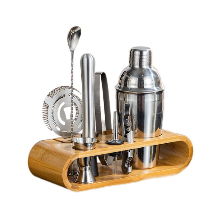 Set pentru barman din otel inoxidabil argintiu  suport din bambus  shaker 550 ml  10 ustensile bar incluse. Ideal pentru prepararea bauturilor creative si mixologie  livrat in cutie cadou eleganta  alegere de lux perfecta ca cadou pentru barmani