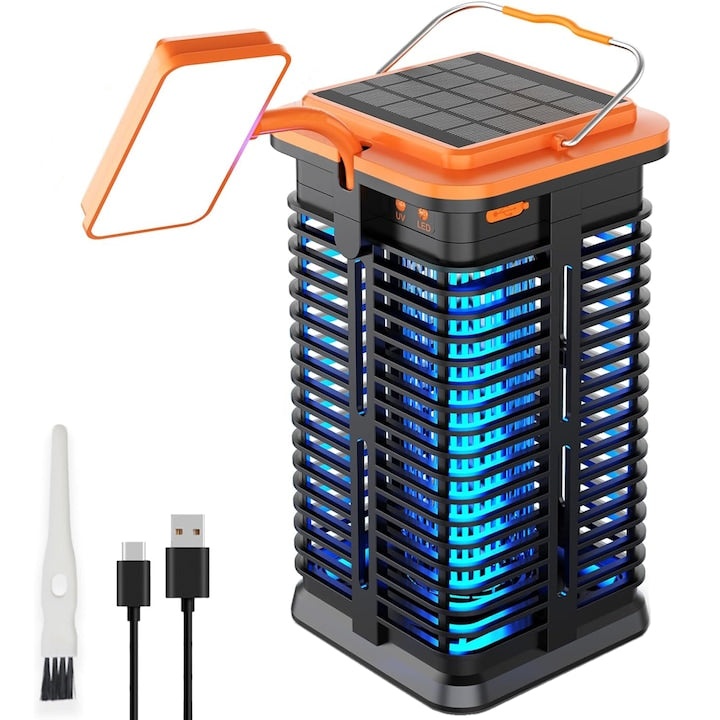 Lampa UV profesionala anti insecte cu incarcare solara sau prin USB  radiatie 360°  pentru interior sau exterior  zona de acoperire 10-100 m  impermeabila  silentioasa