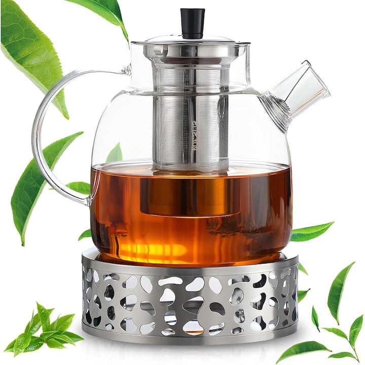 Set Ceainic/Baza Incalzita  SANSES  Otel Inoxidabil/Sticla  Infuzor Detasabil din Otel Inoxidabil  1500ml  Argintiu/Transparent